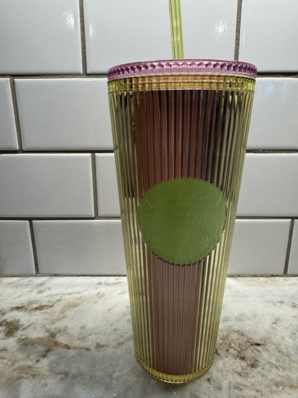 Starbucks 24oz VNeon Transparent Pink, Green and Gold Ribbed Cold Tumbler